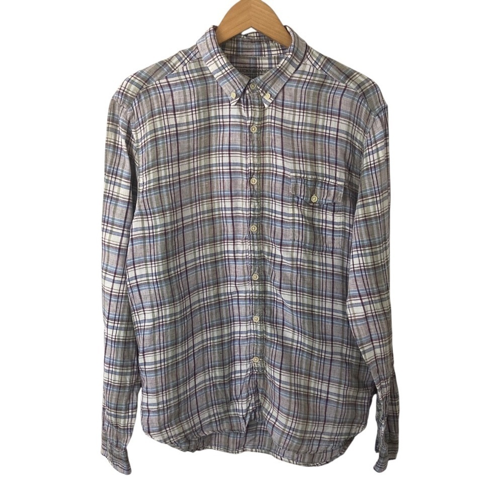 Lucky Brand Plaid Button Down Shirt Mens 100% Linen Large Multicolored Casual